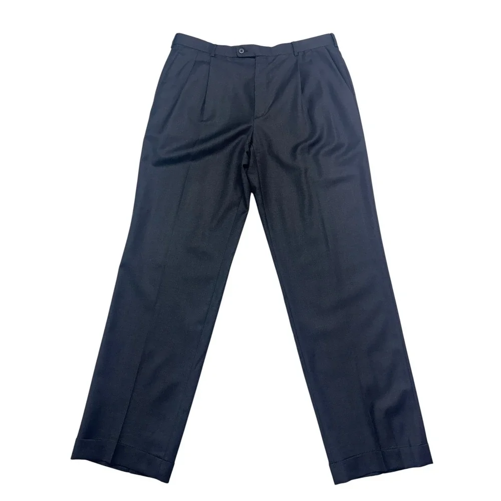 Zanella Italy 38x34 Charcoal Bennett Pants Trousers Pleated Cuffed Quattro Lame
